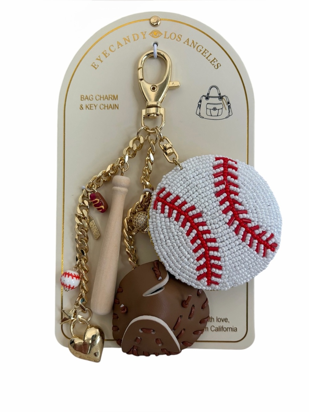 NEW - EYE CANDY Baseball Themed Bag Charm & Keychain w/leather, beads, gold-tone